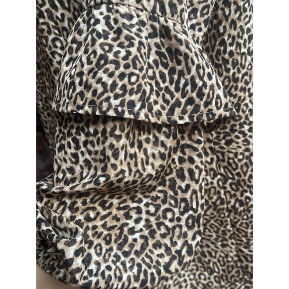 Andree By Unit Size L Shift Dress Leopard Print Puff Tiered Sleeves Ruffle Sheer - Picture 3 of 8
